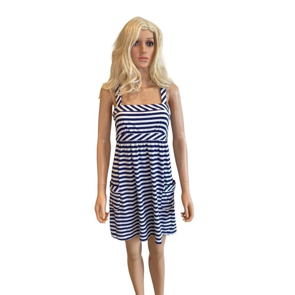 American Eagle Blue Striped Sun Dress Pockets Tie Back Small - Picture 3 of 14